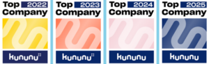 Vier Kununu Top Company Siegel für die Jahre 2022, 2023, 2024 und 2025 nebeneinander.